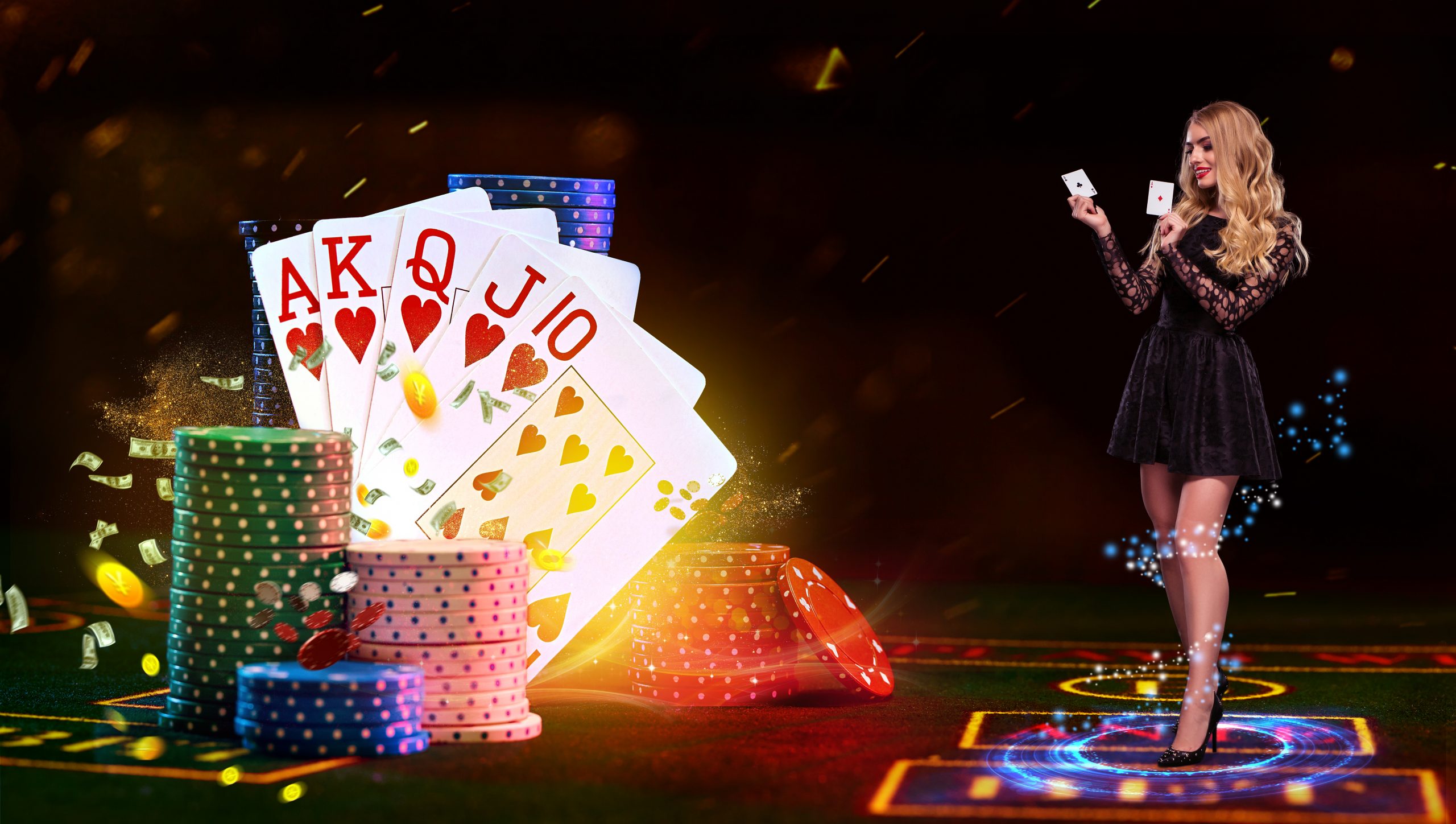 girl black dress is holding two aces smiling posing green playing table with blue neon circle it stacks colorful chips playing cards flying dollars coins poker casino scaled Kalitenin Adresi Almanbahis
